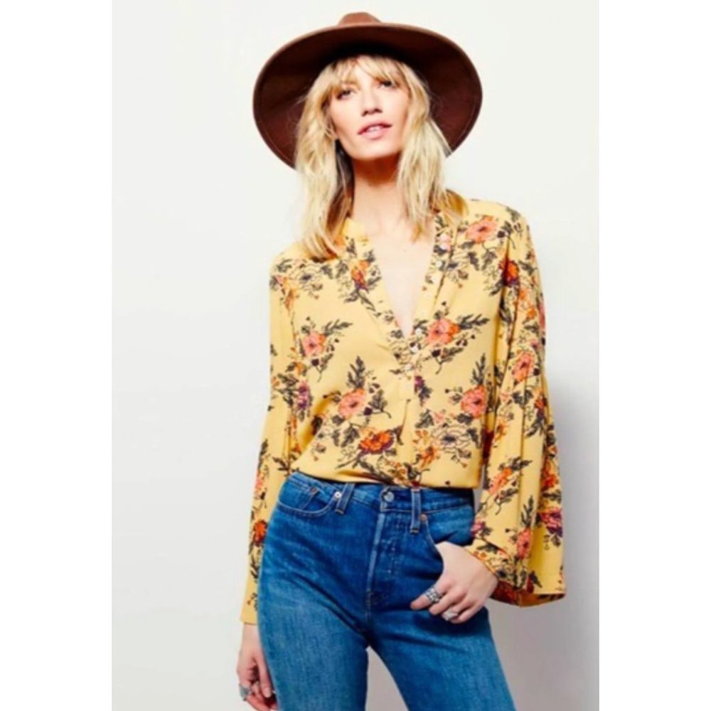 Free People marigold yellow bell sleeve floral tunic